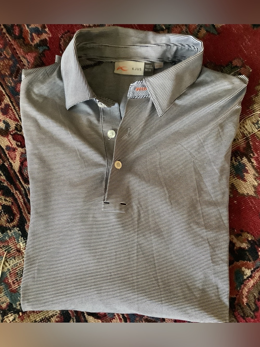 KJUS LS Polo Golf Shirt UPF50+ Soren Grey Striped - Men's 46/XS (fits like Med)